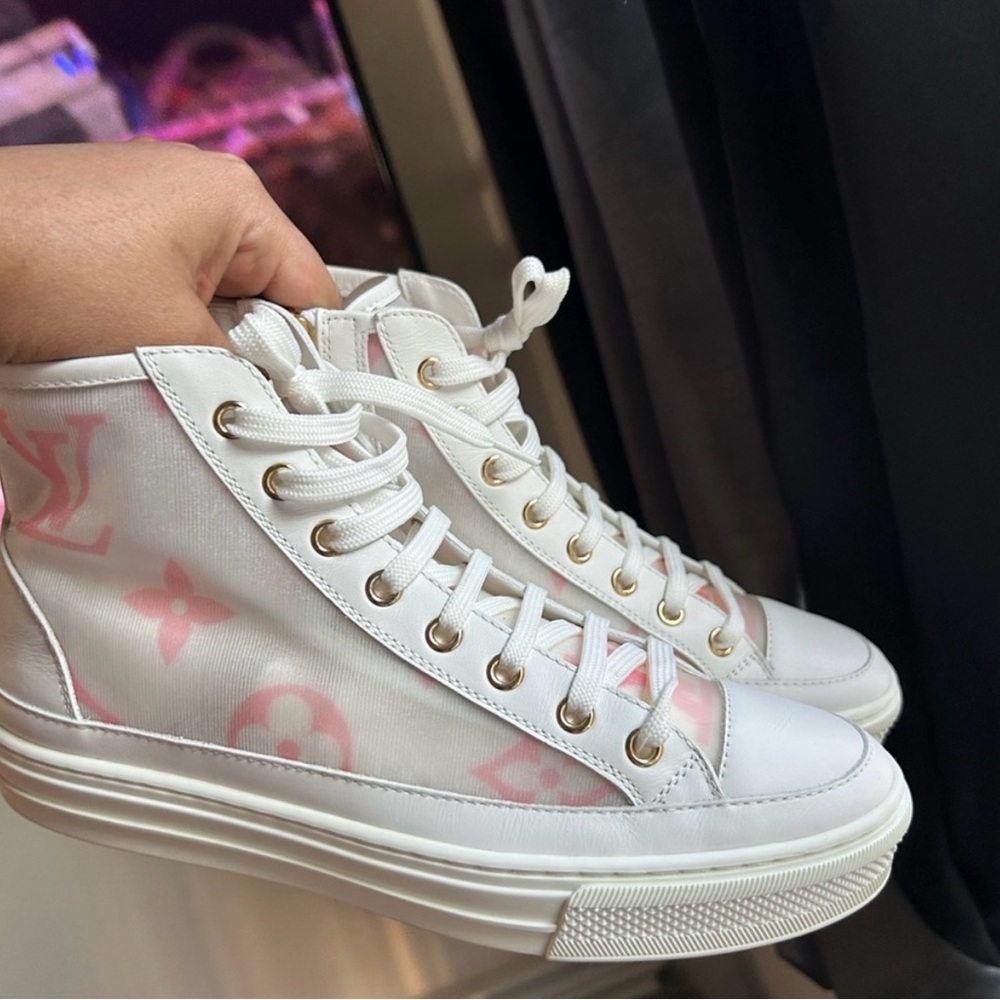 Louis Vuitton White and Pink High-Top Sneakers